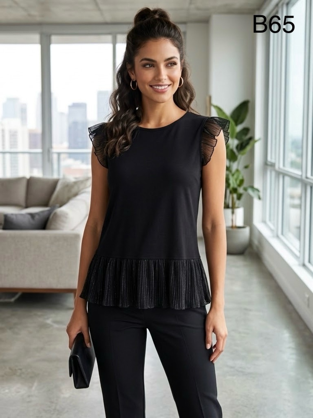 Love Scarlett Elegant Black Ruffled Hem Sleeveless Peplum Camisole, Size Large